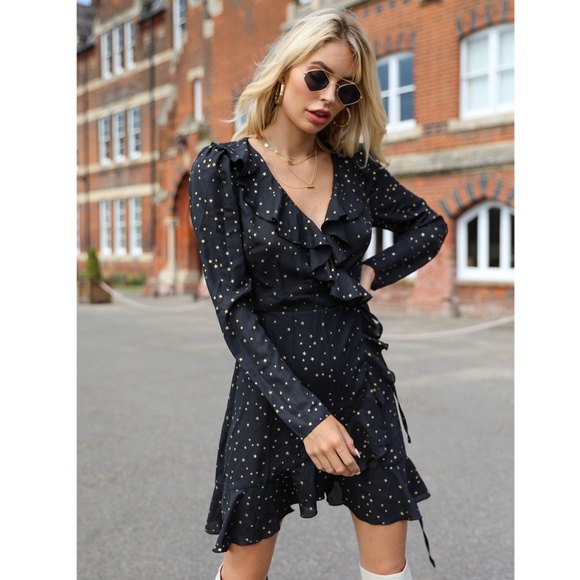 Star Print Ruffle Detail V-Neck Wrap Mini Dress - Picture 2 of 7